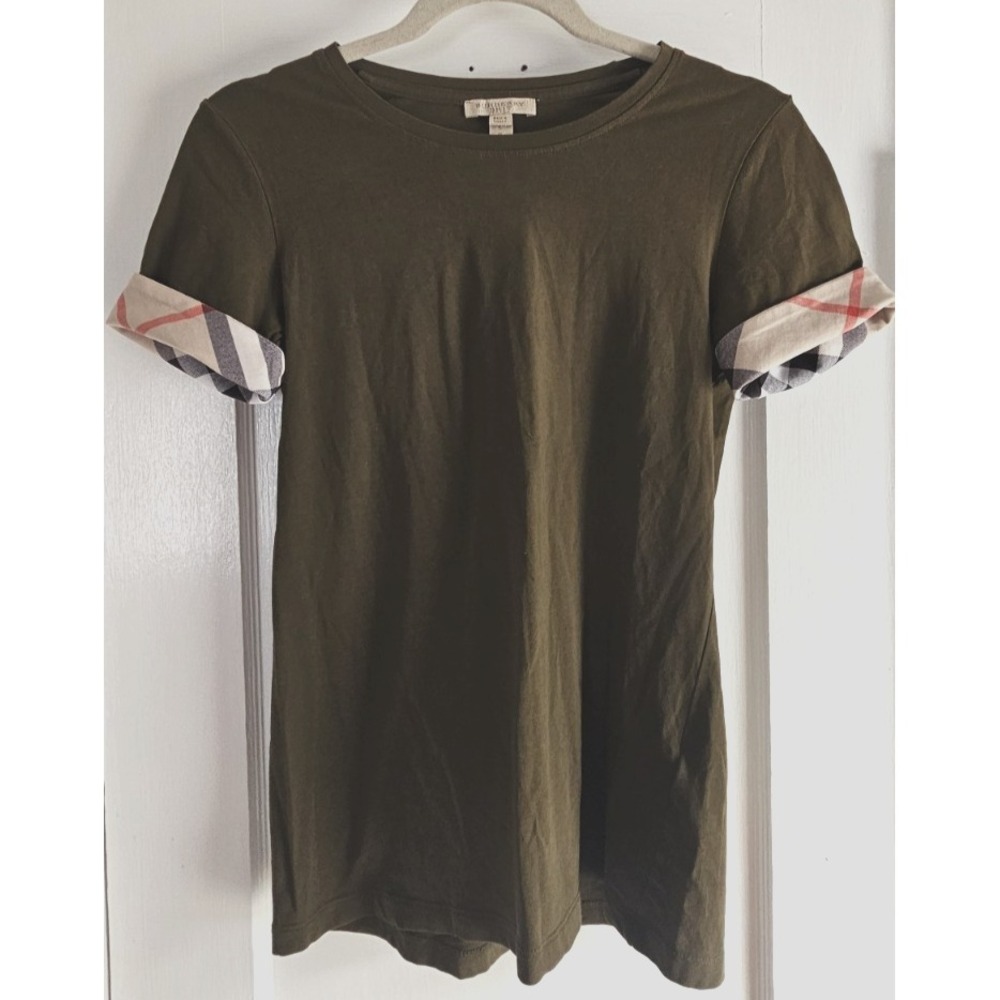 Burberry olive green T shirt  short  signatured plaid cuff woman S‎ cotton